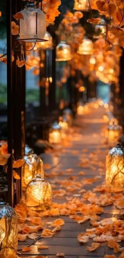 Magical lantern-lit path with autumn leaves.