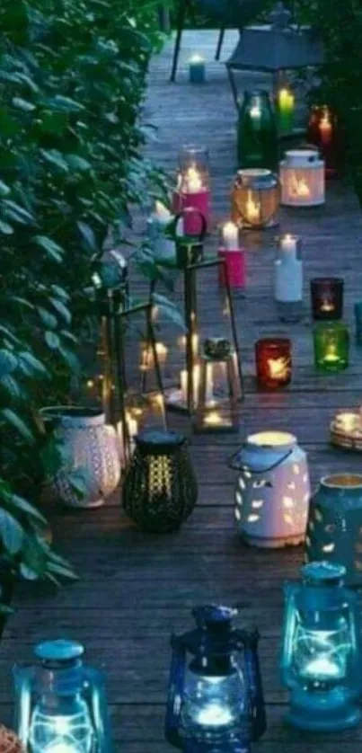 Enchanting lanterns line a dark garden pathway, glowing softly.