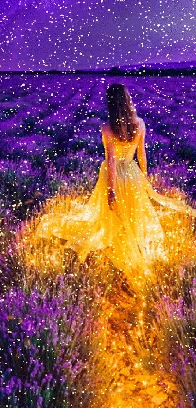 Woman in yellow dress walking through lavender field at dusk.