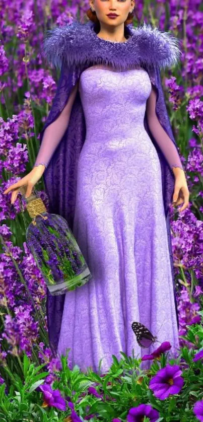 Woman in a purple gown surrounded by lavender flowers.