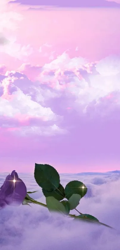 Lavender sky with a rose and clouds in a dreamy mobile wallpaper.