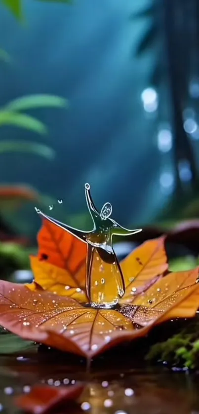 Water figure on autumn leaf in a mystical forest.