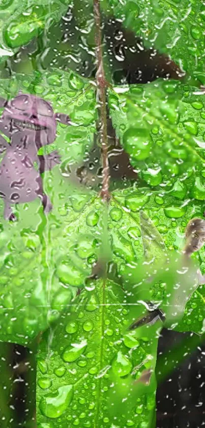 Cartoon characters on raindrop-covered green leaves.