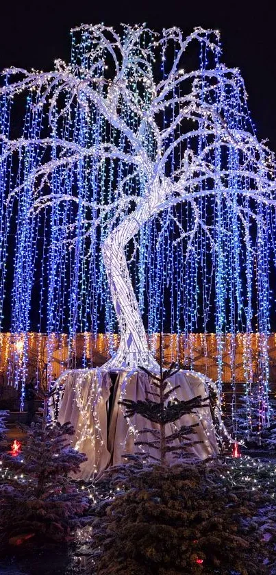 Bright LED tree lights illuminate the night.