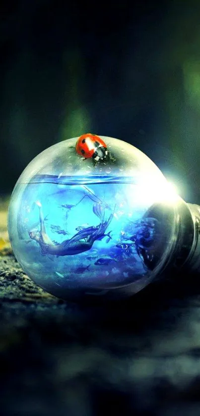 Magical light bulb with water and ladybug, set in a mystical forest.