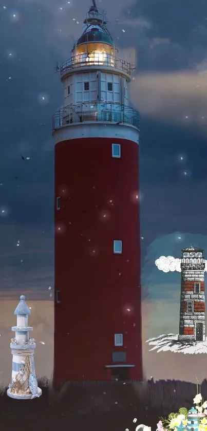 Lighthouse with starry night sky and artistic elements.