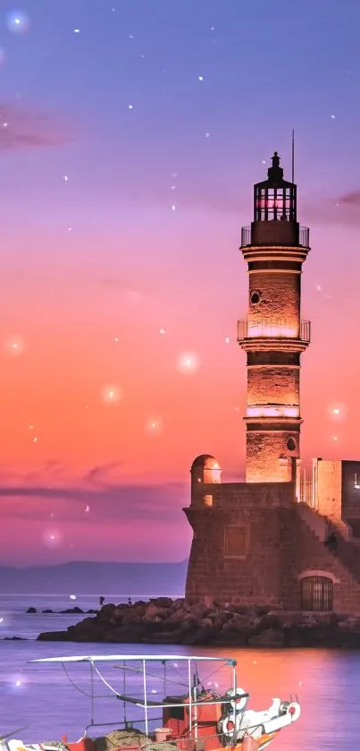 Lighthouse at sunset with pink and purple sky, reflecting in the ocean.