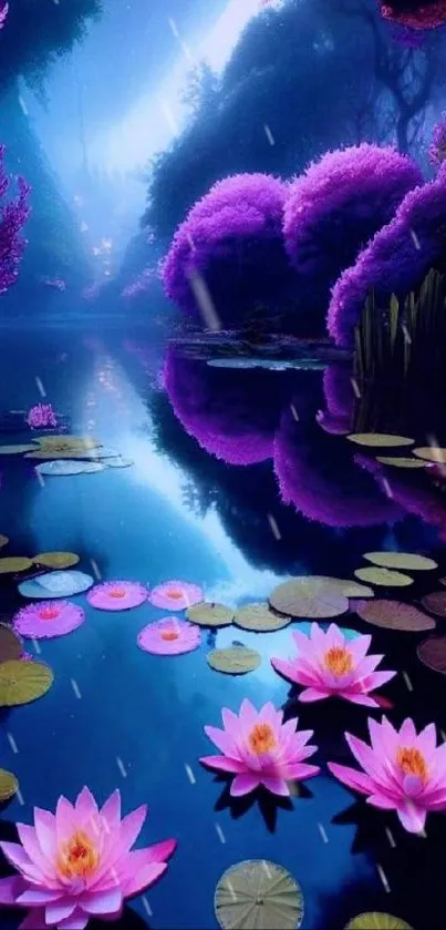 Enchanting purple lilypad reflection wallpaper with serene water lilies.