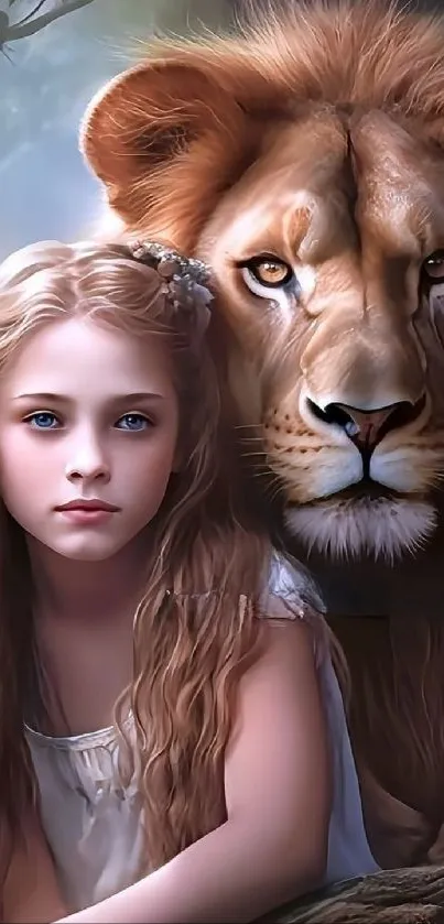 Artwork of a girl with a lion in a mystical forest setting.