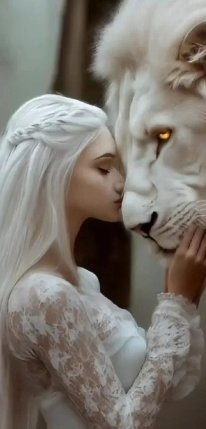 A woman gently touching a majestic white lion in an artistic scene.