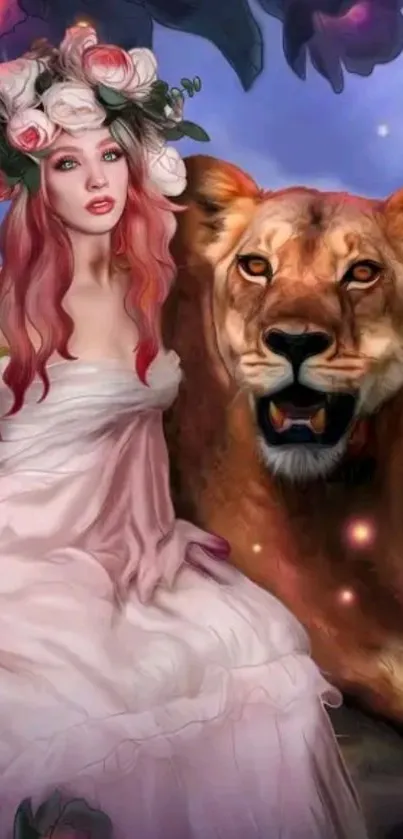 Fantasy lady with roses beside a lioness in vibrant colors.