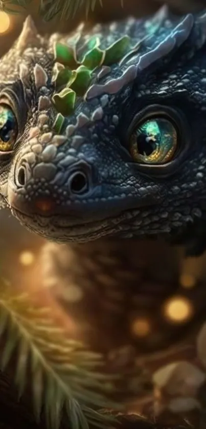 Intricate fantasy lizard with glowing eyes and scales in a mystical forest setting.