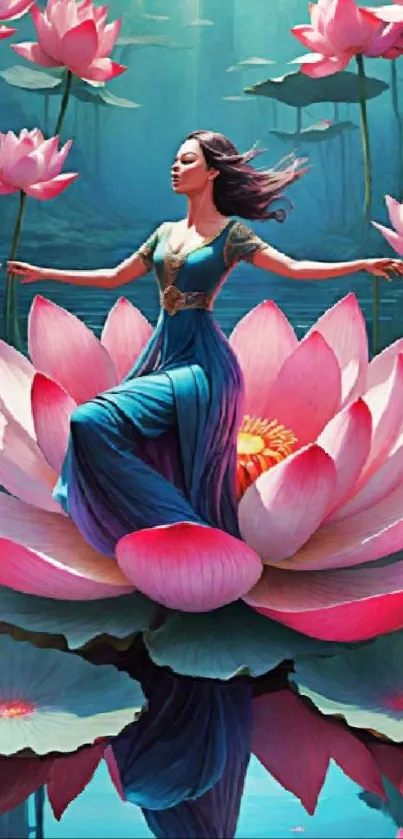 A serene lady sits on a large lotus flower, surrounded by water lilies.