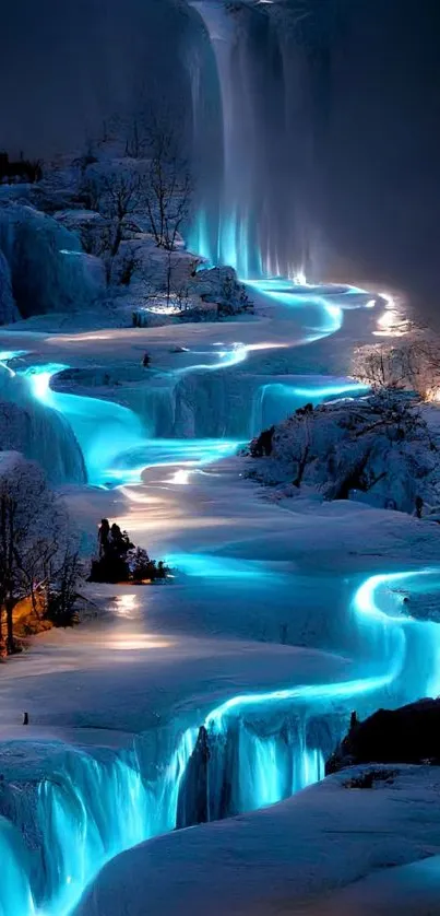 Luminous river winding through snowy landscape at night with serene glow.