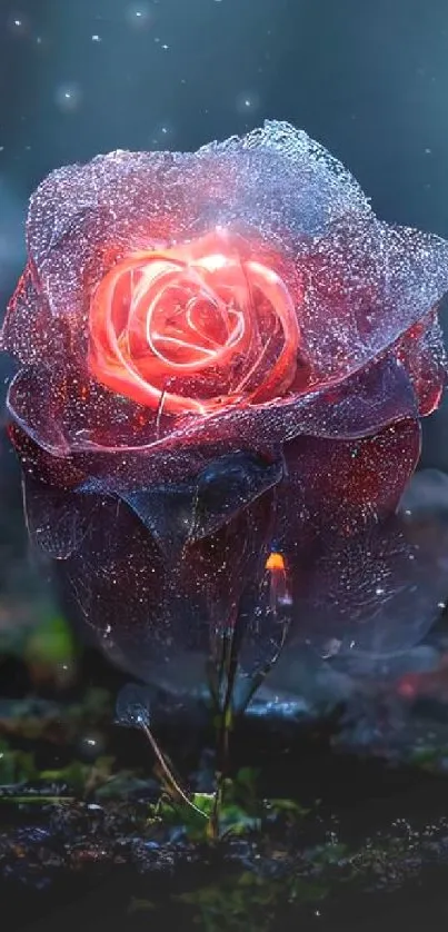 Enchanting glowing rose with delicate petals and mystical aura.