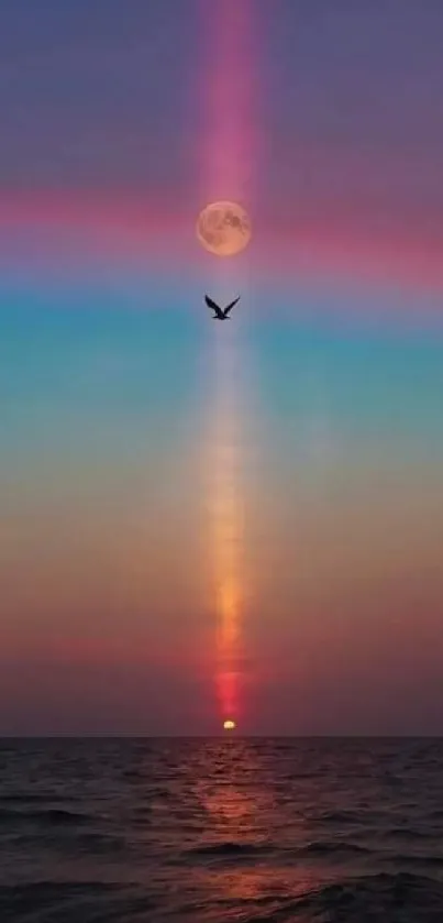 A vibrant moonlit sky over a calm ocean with a sunset reflection.