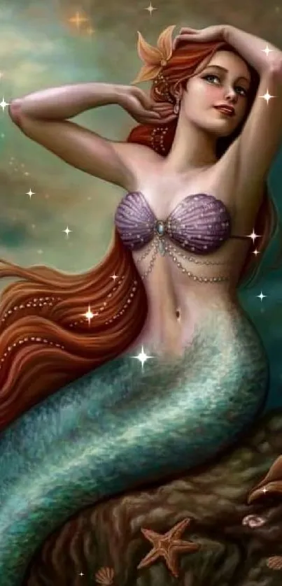 Fantasy mermaid with teal tail on a rock, surrounded by ocean elements.