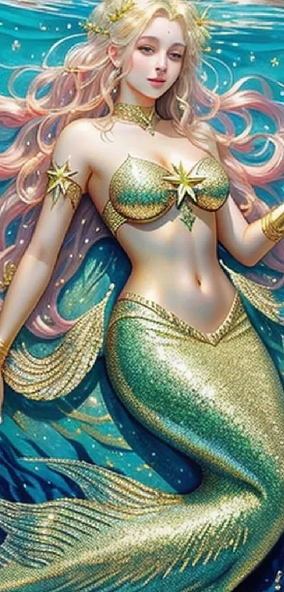 Golden mermaid with flowing hair in vibrant blue ocean waters.