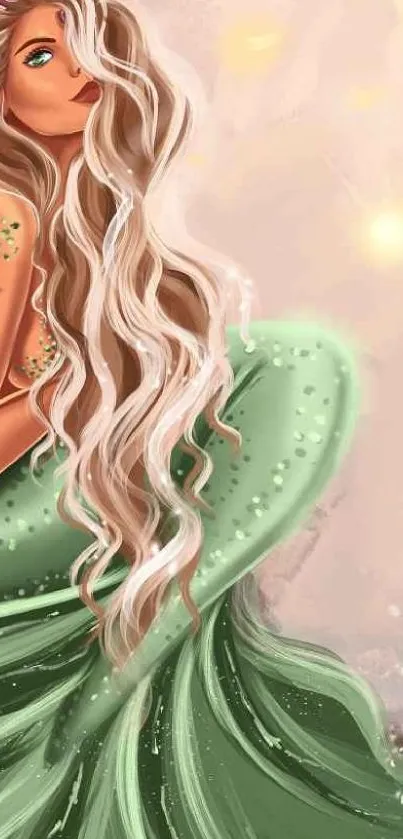 Enchanting mermaid with flowing hair and a sparkling green tail.