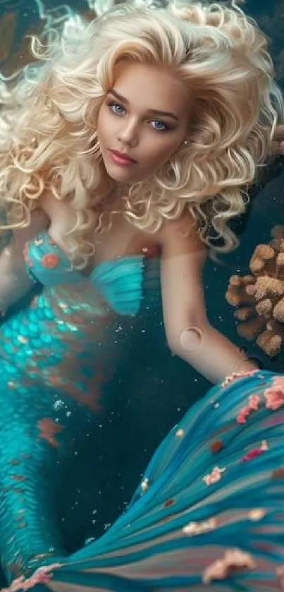 Beautiful mermaid with curly hair among corals in teal blue setting.