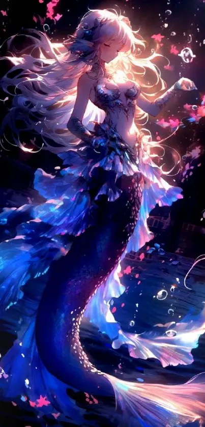 Anime mermaid gracefully swimming underwater with vibrant colors and delicate details.