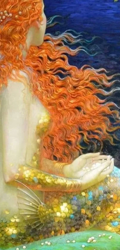 Mermaid with orange hair in fantasy ocean wallpaper.