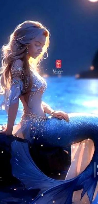 Enchanting mermaid sits by a moonlit ocean, evoking a dreamy nighttime fantasy.