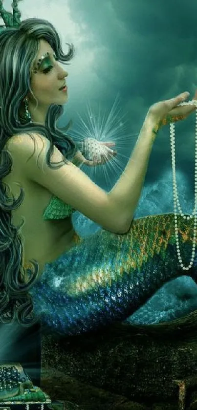 Mermaid holding pearls underwater in a fantasy scene with enchanting colors.