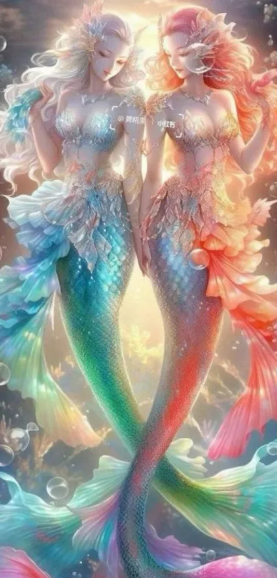 Colorful fantasy art with two enchanting mermaids.