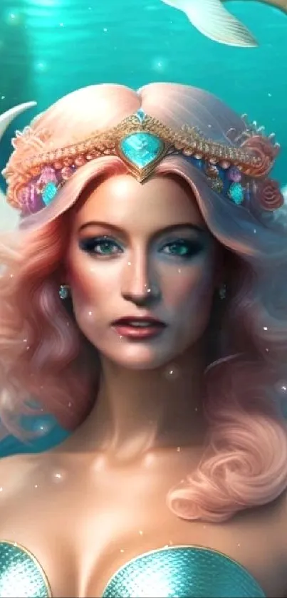 Fantasy art of an enchanting mermaid with pink hair and ocean background.