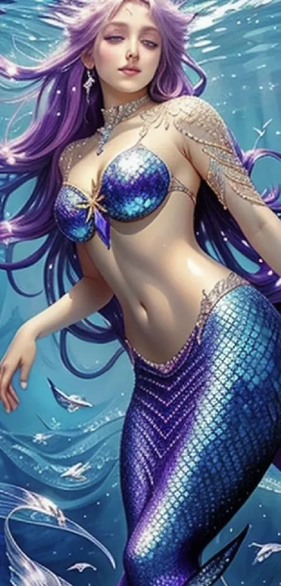 Beautiful mermaid in blue and purple hues underwater.