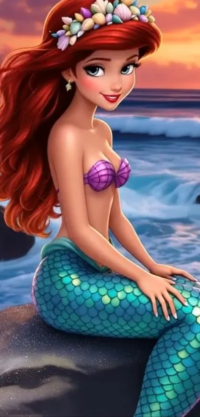 Mermaid with red hair on ocean rock.