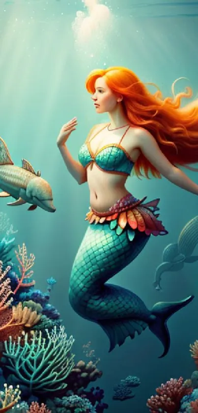 Fantasy mermaid underwater scene with vibrant corals and fish.