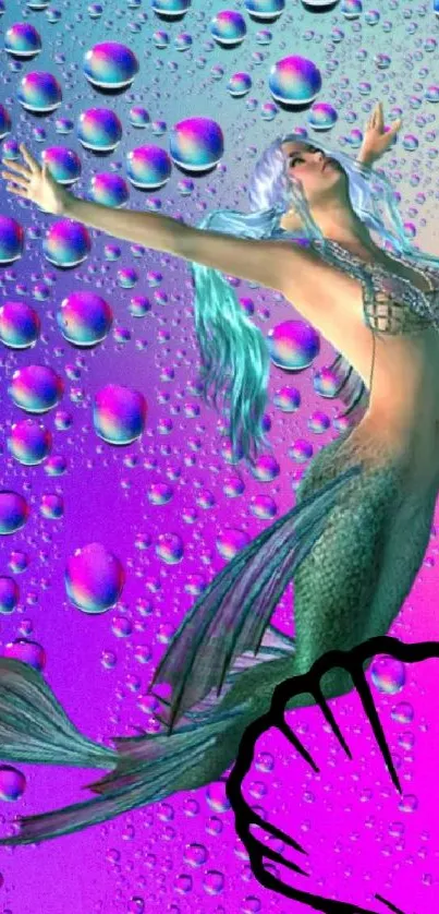 Vibrant mermaid fantasy wallpaper with bubbles on a colorful background.