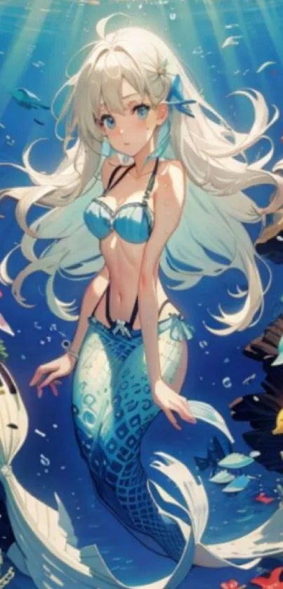 Anime mermaid in underwater scenery with vibrant sea life.