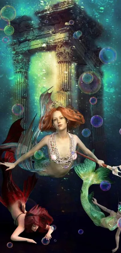 A mystical mermaid art piece with vibrant colors and ancient ruins.