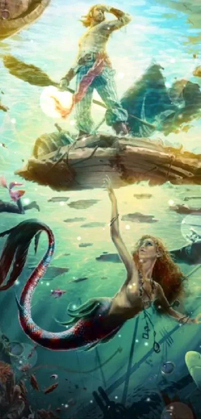 Fantasy mermaid reaching for the ocean surface.