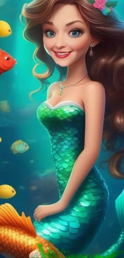 Illustration of a mermaid with colorful fish underwater.