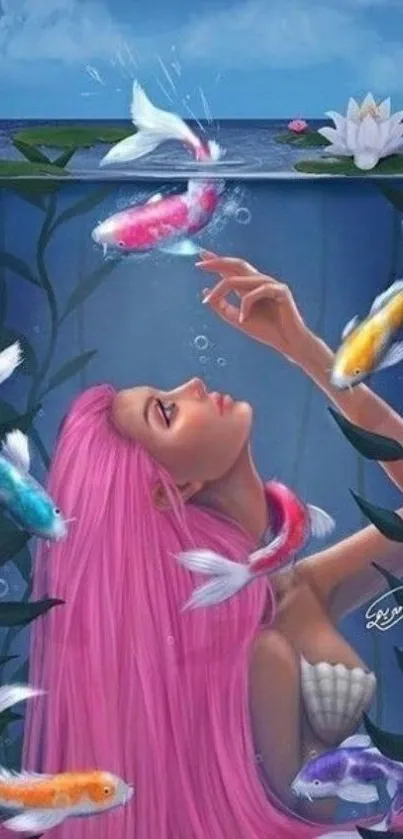 Mermaid with pink hair surrounded by colorful koi fish in serene underwater setting.