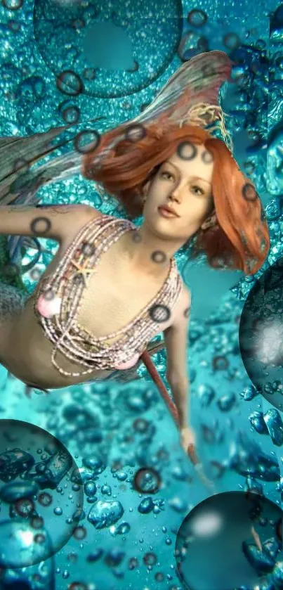 Beautiful red-haired mermaid surrounded by bubbles in an enchanting turquoise sea.