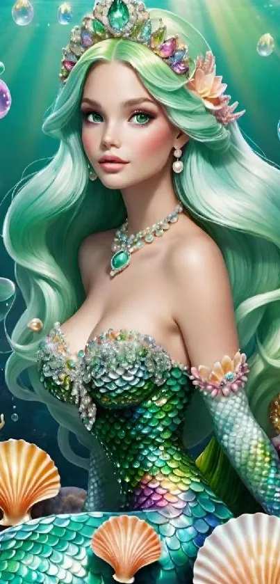 Enchanting mermaid in vibrant fantasy art with oceanic background.