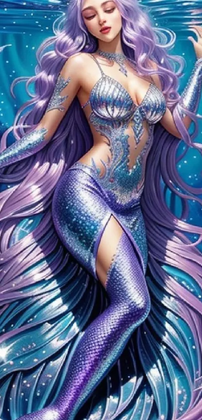 Beautiful mermaid with purple hair against a blue underwater background.