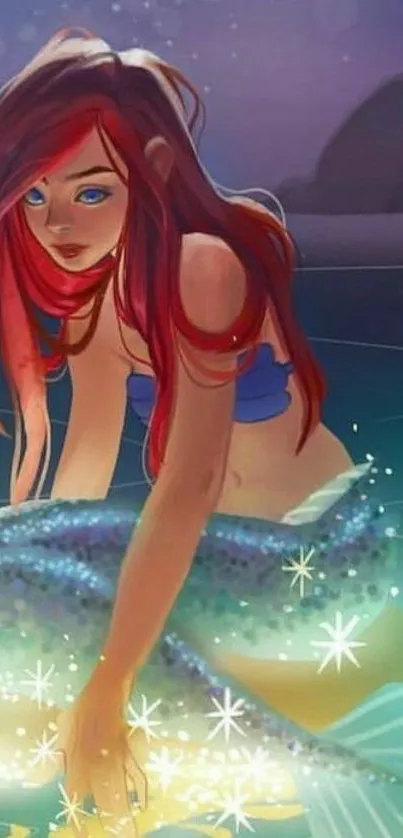 Illustrated mermaid in vibrant fantasy setting with shimmering tail.