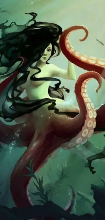 Fantasy wallpaper of mermaid with octopus tentacles in dark sea green hues.