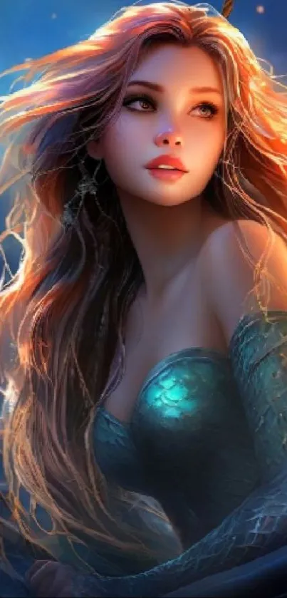 Fantasy art of a beautiful mermaid with glowing hair and oceanic theme.