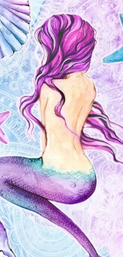 Colorful mermaid fantasy wallpaper with purple hues.