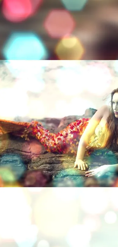 Mermaid fantasy wallpaper with colorful bokeh effects.