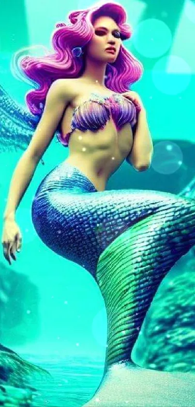 Colorful mermaid fantasy art with turquoise ocean background.