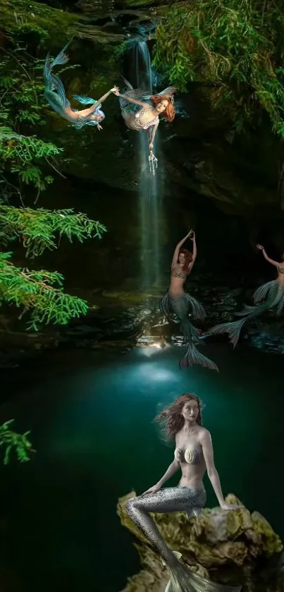 Fantasy mermaid scene in lush green water cave.