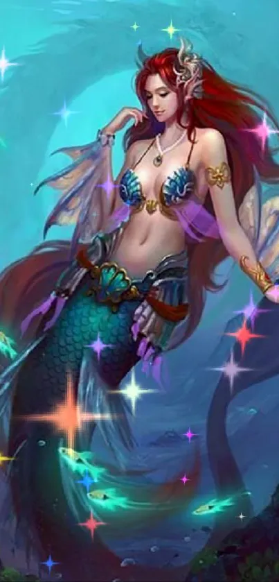 Fantasy mermaid swimming underwater with vibrant colors.